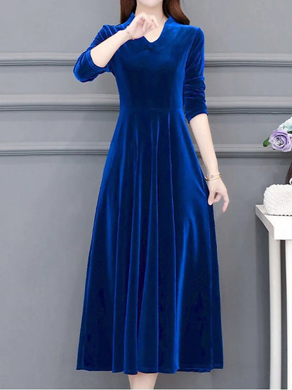 Women's Party Dress Wedding Guest Dress Velvet Dress Work Dress Midi Dress Black Wine Royal Blue Long Sleeve Pure Color Ruched Winter Fall Spring V Neck Fashion Spring Dress