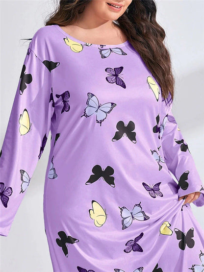 Women's Plus Size Pajamas Sleepwear Nightshirt Sleep Shirt Butterfly Heart Fashion Casual Home Valentine's Day Bed Polyester Comfort Breathable Crew Neck Long Sleeve Spring Purple black Lotus Pink