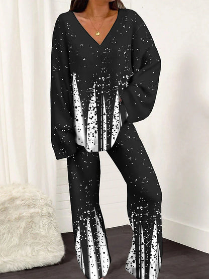 Women's Pajamas Sets Geometic Flower Fashion Soft Home Daily Bed Polyester Breathable V Wire Long Sleeve Pant Spring Black White