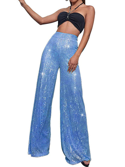 Women's Wide Leg Pants Trousers Sparkly Pants Full Length Sequins Micro-elastic High Waist Elegant Fashion Party Street claret M beige S M Summer Spring