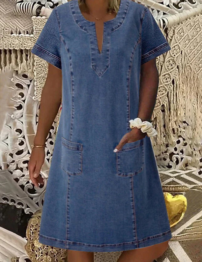 Women‘s Denim Dress Shirt Dress Casual Dress Midi Dress Denim Sexy Casual Daily Vacation Split Neck Ruched Pocket Short Sleeve Summer Spring 2023 Regular Fit Blue Pure Color S M L XL XXL