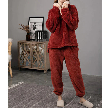 Women's Fleece Flannel Warm Pajamas Sets Fluffy Fuzzy Warm Nighty Pure Color Plush Comfort Home Christmas V Wire Long Sleeve Sweater Pant Elastic Waist Fall Winter Gray Purple / Lace Up