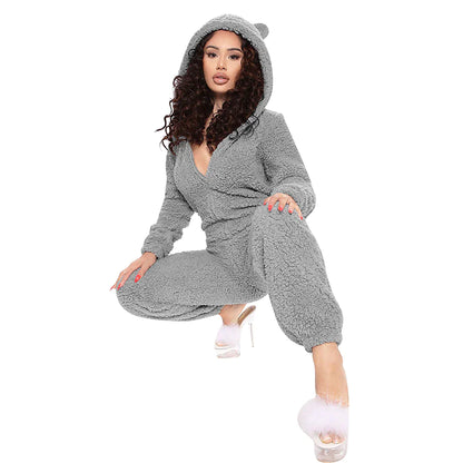 Women's Flannel Adult Onesies Onesie Pajamass Pajama for Adult Jumpsuits Nighty Pure Color Simple Comfort Party Home Christmas  Warm Gift Hoodie Long Sleeve Fall Winter Black