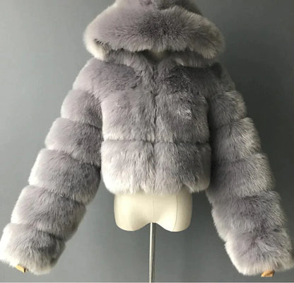 Women's Fur Coat Faux Fur Coat Hoodie Jacket Wedding Daily Outdoor clothing Fall Winter Short Coat Slim Casual Faux Leather Jacket Long Sleeve Solid Color Fur Light Pink Sapphire Navy