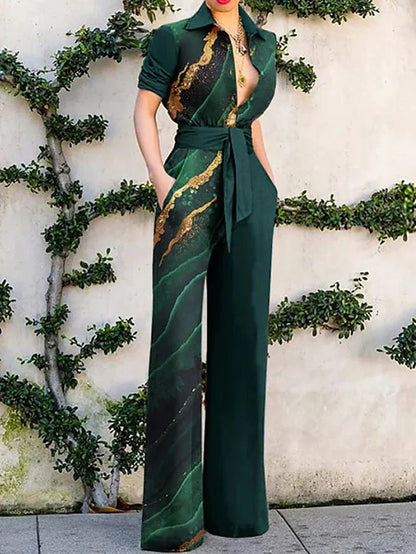 Women's Jumpsuit for Special Occasions Christmas Lace up Print Shirt Collar Elegant Party Prom Straight Regular Fit Short Sleeve Green S M L Spring Fall