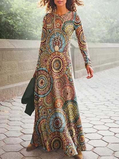 Women's Casual Dress T Shirt Dress Tee Dress Ethnic Dress Long Dress Maxi Dress Blue Orange Brown Long Sleeve Geometric Patchwork Winter Fall Spring Crew Neck Basic Winter Dress Daily Vacation 2023 S