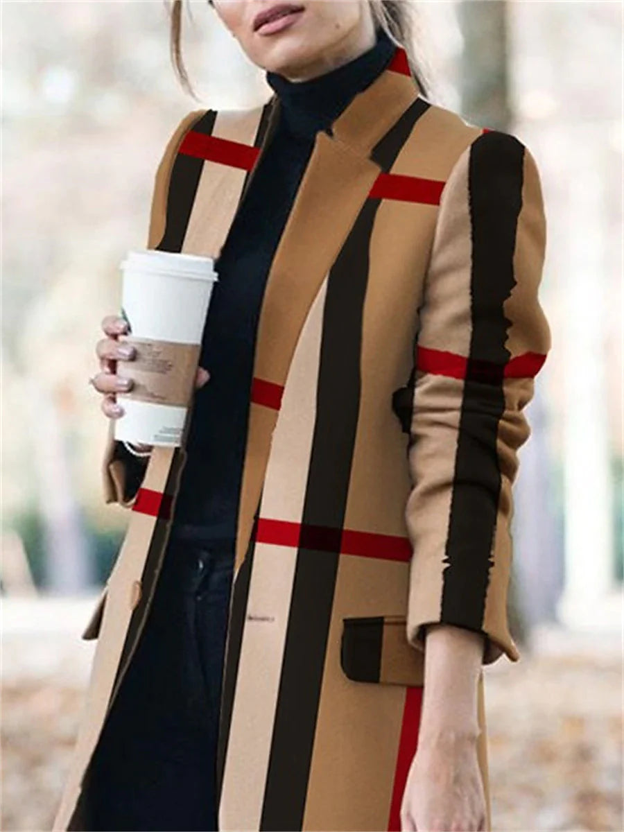 Women's Trench Coat Retro Print Overcoat Winter Pea Coat Fall Stand Collar Outerwear Windproof Warm Modern Casual Trendy Jacket Long Sleeve White Dark Navy Dusty Blue