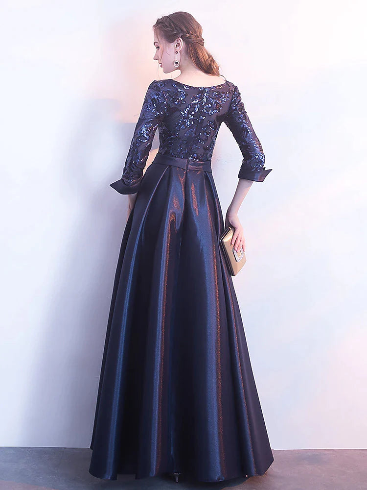 Women's Silver Sequin Dress Rose Gold Dress Prom Dress Party Dress Sparkly Dress Swing Dress Maxi long Dress Silver Champagne Dark Blue 3/4 Length Sleeve Color Block