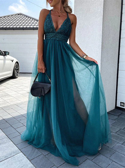 Women's Prom Dress Party Dress Lace Dress Long Dress Maxi Dress Pink Green Sleeveless Pure Color Lace Summer Spring Fall Spaghetti Strap Fashion Birthday Evening Party Wedding Guest 2023 S M L XL