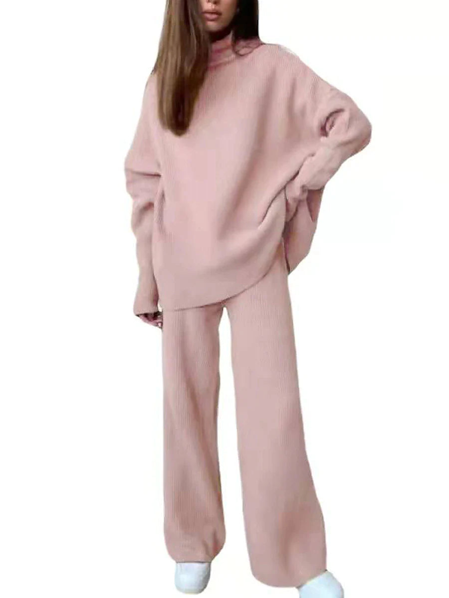 Women's Loungewear Sets Knit Casual Suit Pure Color Fashion Comfort Soft Home Street Daily Polyester Breathable High Neck Long Sleeve Sweater Pant Fall Winter Black Pink