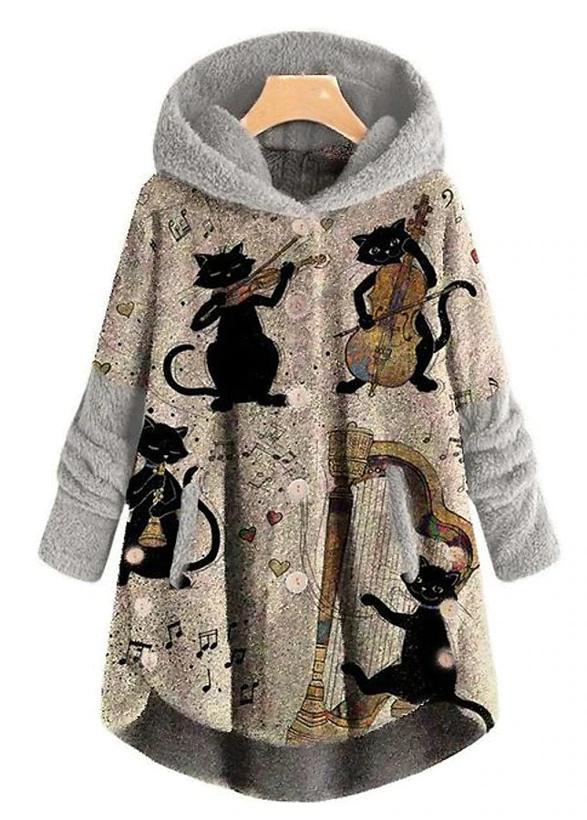 Women's Plus Size Teddy Coat Winter Coat Animal Cat Causal Holiday Long Sleeve Hooded Regular Winter Fall Gray L XL XXL 3XL 4XL