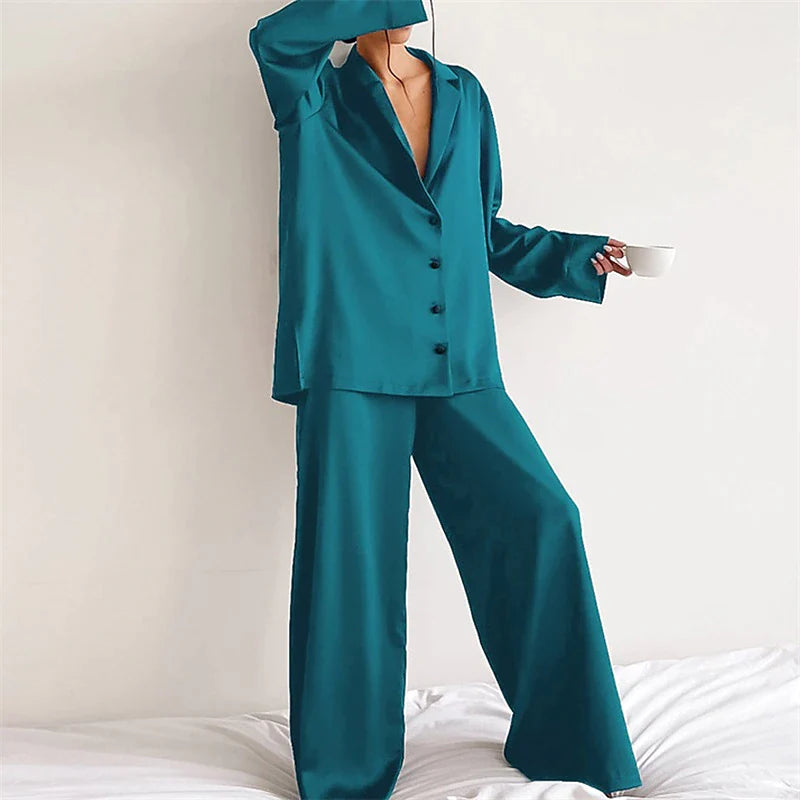 Women's Satin Silk Sleepwear 2Pcs Sets Pj Pure Color Lapel Long Sleeve Button and Wide Leg Pants Fashion Comfort Home Daily Summer Fall Blue Light Green