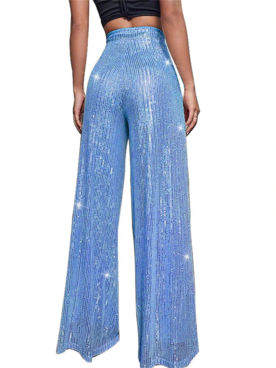 Women's Wide Leg Pants Trousers Sparkly Pants Full Length Sequins Micro-elastic High Waist Elegant Fashion Party Street claret M beige S M Summer Spring