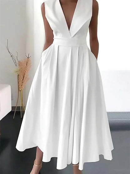 Women's Party Dress Work Dress Swing Dress Midi Dress White Sleeveless Pure Color Ruched Summer Spring V Neck Fashion Birthday Wedding Guest Vacation Loose Fit 2023 S M L XL 2XL 3XL