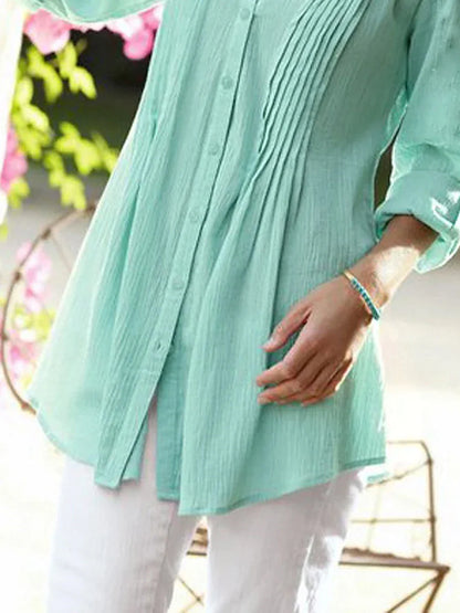 Women‘s Green V Neck Linen Shirt Breathable Natural Light and Comfortable  Casual Beach Shirt Button Long Sleeve Going out Basic Modern Regular Fit Spring & Fall Shirt