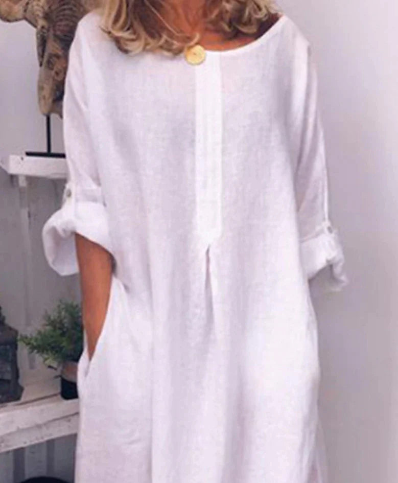 Women's Casual Dress Cotton Linen Dress Shift Dress Maxi long Dress Cotton Blend Modern Casual Daily Vacation Boat Neck Ruched Pocket Long Sleeve Summer Spring Fall 2023 Loose Fit White Pure Color S