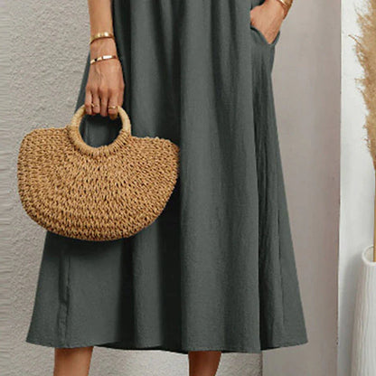 Women's Casual Dress Cotton Linen Dress Swing Dress Maxi long Dress Cotton Blend Casual Daily Holiday Vacation Crew Neck Ruched Pocket 3/4 Length Sleeve Summer Spring 2023 Regular Fit Dark Green Dark