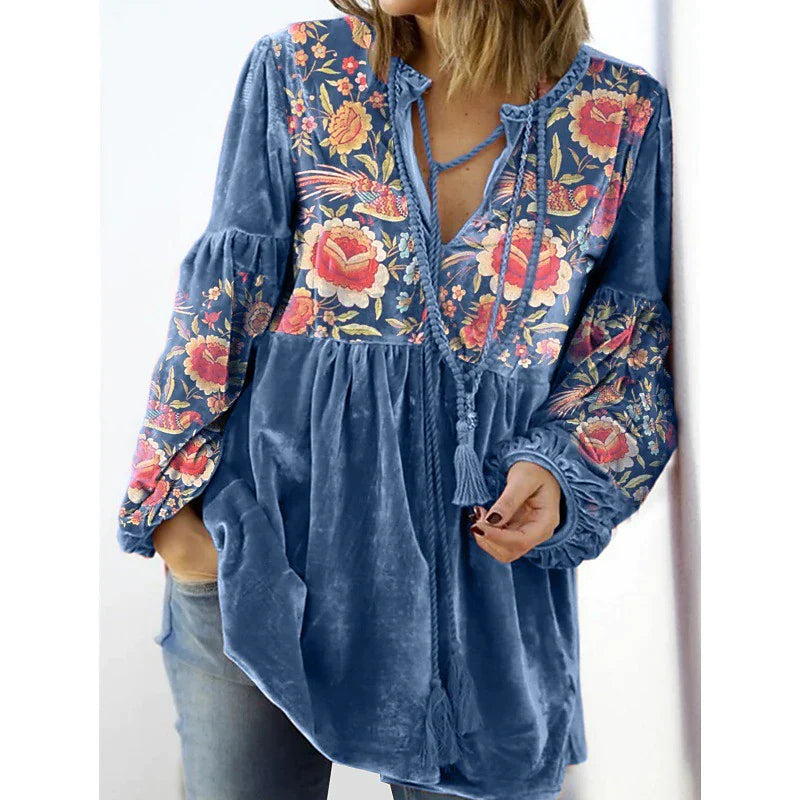 Women's Shirt Lantern Sleeve Blouse Peplum Floral Black Red Blue Print Peplum Flowing tunic Long Sleeve Casual Holiday Basic Round Neck Regular Fit Fall & Winter