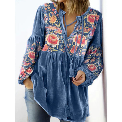 Women's Shirt Lantern Sleeve Blouse Peplum Floral Black Red Blue Print Peplum Flowing tunic Long Sleeve Casual Holiday Basic Round Neck Regular Fit Fall & Winter