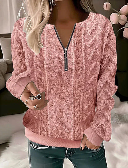 Women's Zip Up Sweatshirt Sweatshirt Pullover Fleece Flannel Solid Color Teddy Fuzzy Quarter Zip White Pink Blue Street Casual Half Zip Long Sleeve Top Micro-elastic Fall & Winter