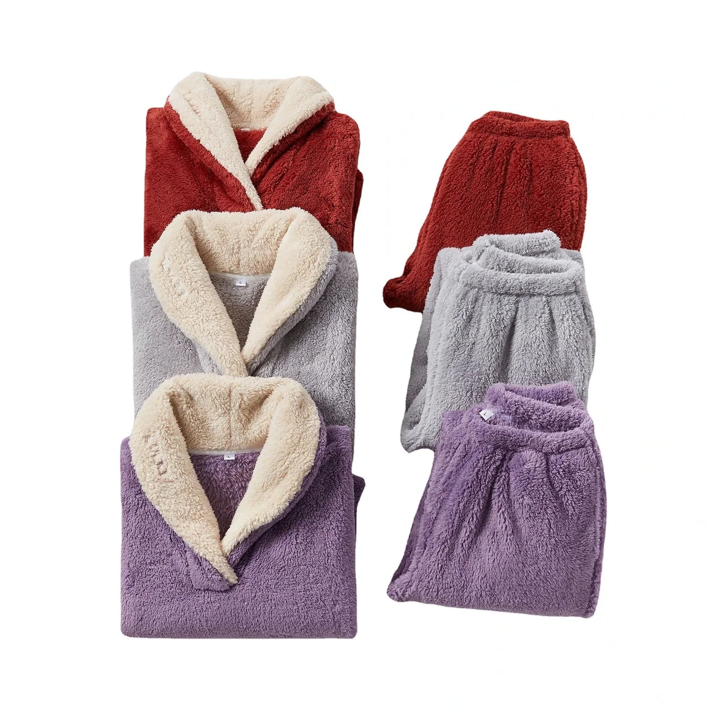 Women's Fleece Flannel Warm Pajamas Sets Fluffy Fuzzy Warm Nighty Pure Color Plush Comfort Home Christmas V Wire Long Sleeve Sweater Pant Elastic Waist Fall Winter Gray Purple / Lace Up