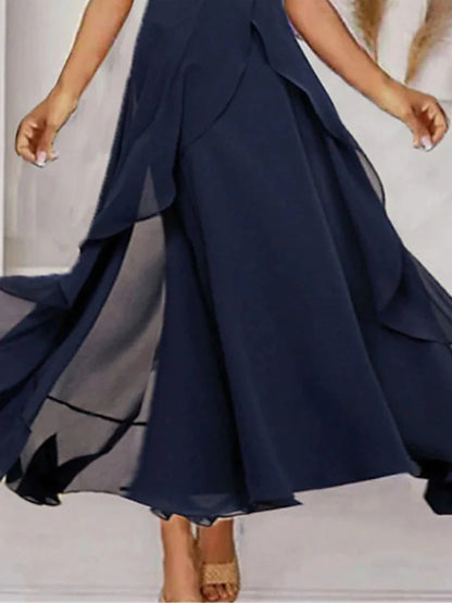 Women's Prom Dress Party Dress Wedding Guest Dress Long Dress Maxi Dress Navy Blue Short Sleeve Pure Color Ruffle Summer Spring Fall V Neck Fashion Evening Party Wedding Guest Vacation 2023 S M L XL