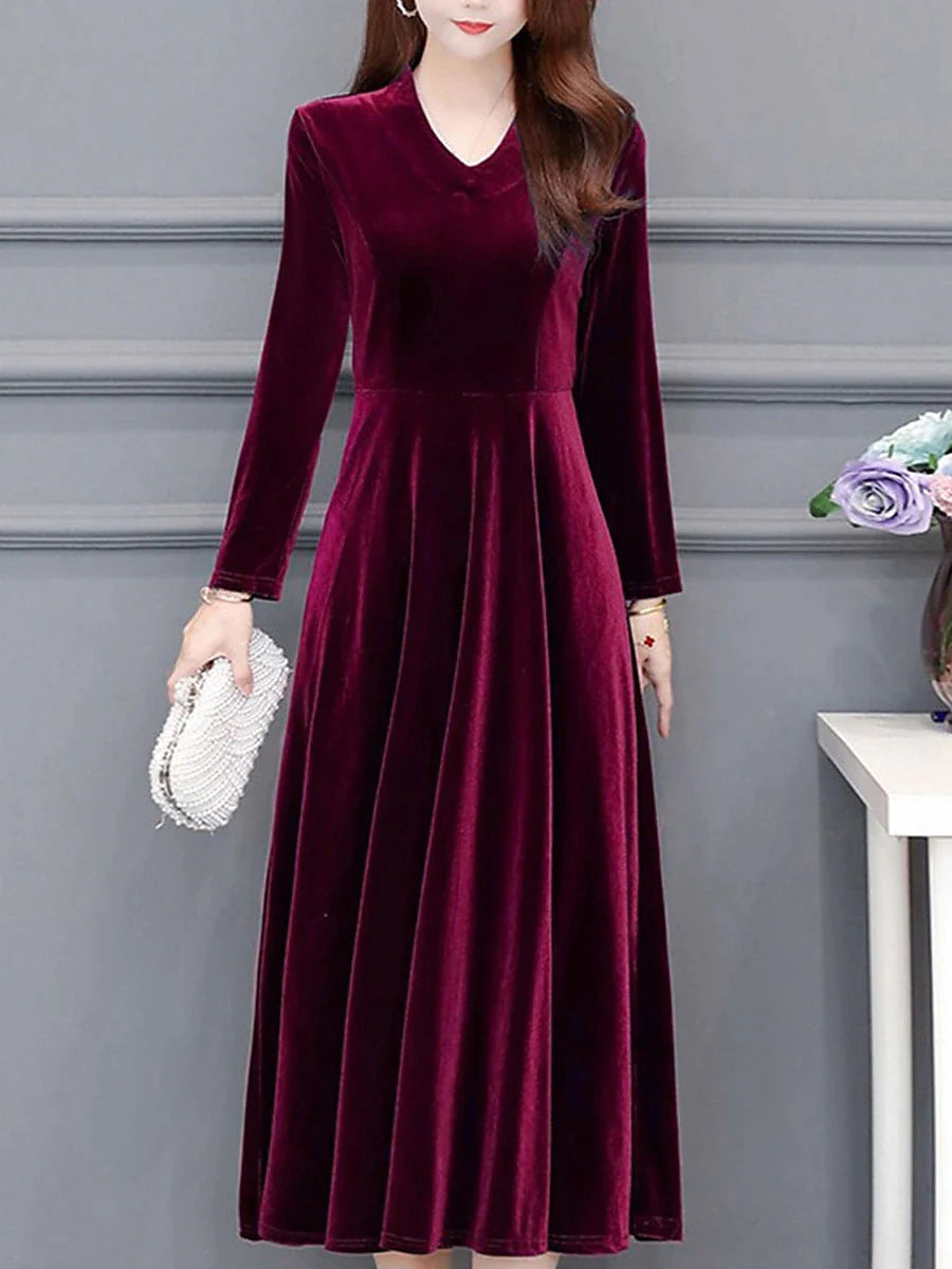 Women's Party Dress Wedding Guest Dress Velvet Dress Work Dress Midi Dress Black Wine Royal Blue Long Sleeve Pure Color Ruched Winter Fall Spring V Neck Fashion Spring Dress