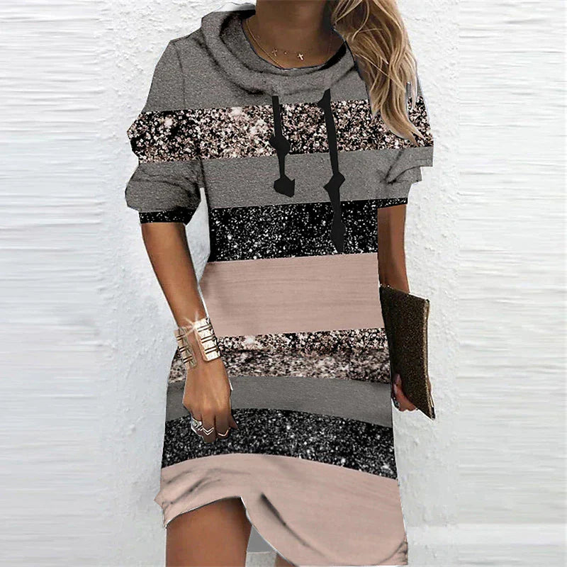 Women‘s Hoodie Dress Winter Dress Black Pink Dark Gray Long Sleeve Color Block Striped Print Winter Fall Hooded Vacation Casual Fall Dress 2022 S M L XL XXL 3XL