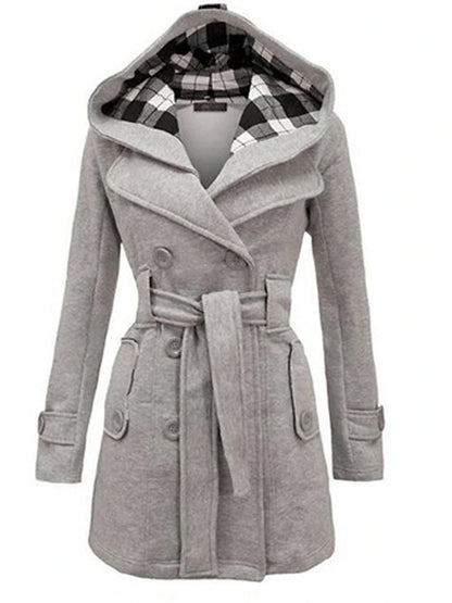 Women's Winter Coat Long Overcoat with Belt Elegant Pea Coat with Plaid Hood Double Breasted Warm Windproof Trench Coat Stylish Contemporary Casual Jacket Long Sleeve Black