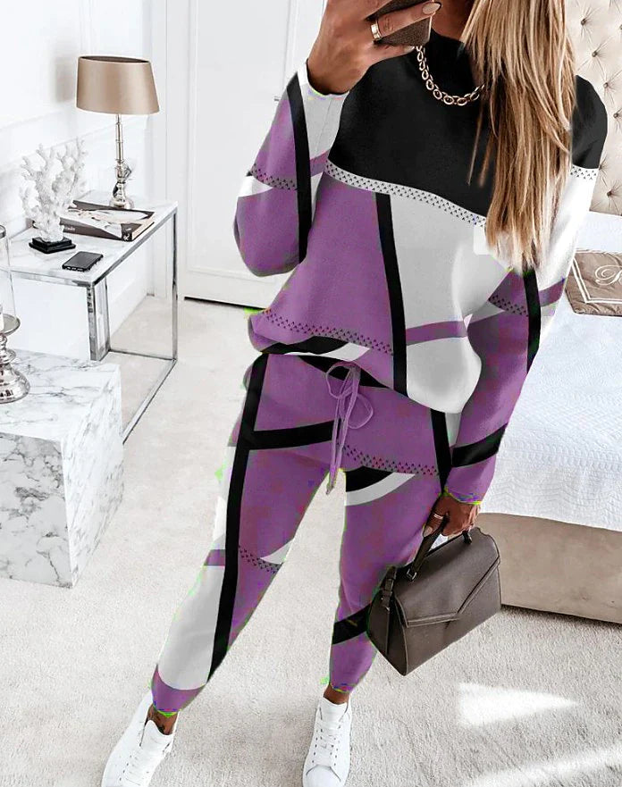 Women's Sweatshirt Tracksuit Pants Sets Geometric Color Block Camel Purple Green Print Drawstring Long Sleeve Sports Outdoor Casual Active Streetwear Crew Neck Regular Fit Fall & Winter