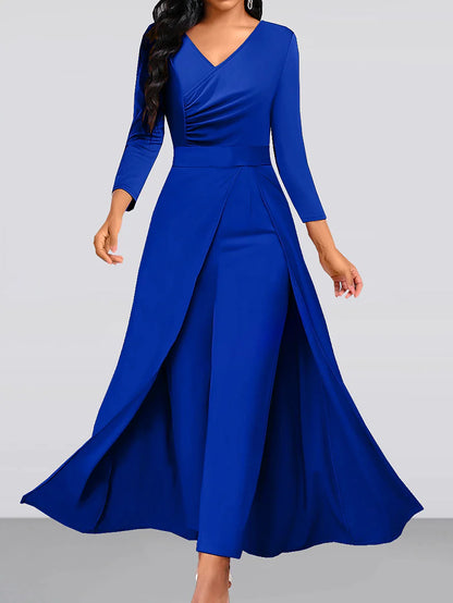 Women's Jumpsuit Solid Color V Neck Elegant Wedding Party Wide Leg Regular Fit Long Sleeve Royal Blue Khaki S M L All Seasons