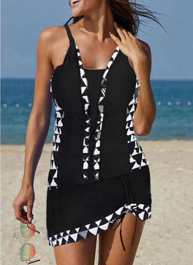 Women's Swimwear Tankini Swim Dress 2 Piece Normal Swimsuit 2 Piece Modest Swimwear Geometic Black Padded Strap Bathing Suits Sports Vacation Beach Wear