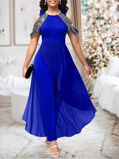 Women‘s Jumpsuit Sparkly Sequin Solid Color Crew Neck Elegant Wedding Party Bootcut Regular Fit Strap Sleeveless Royal Blue S M L Fall