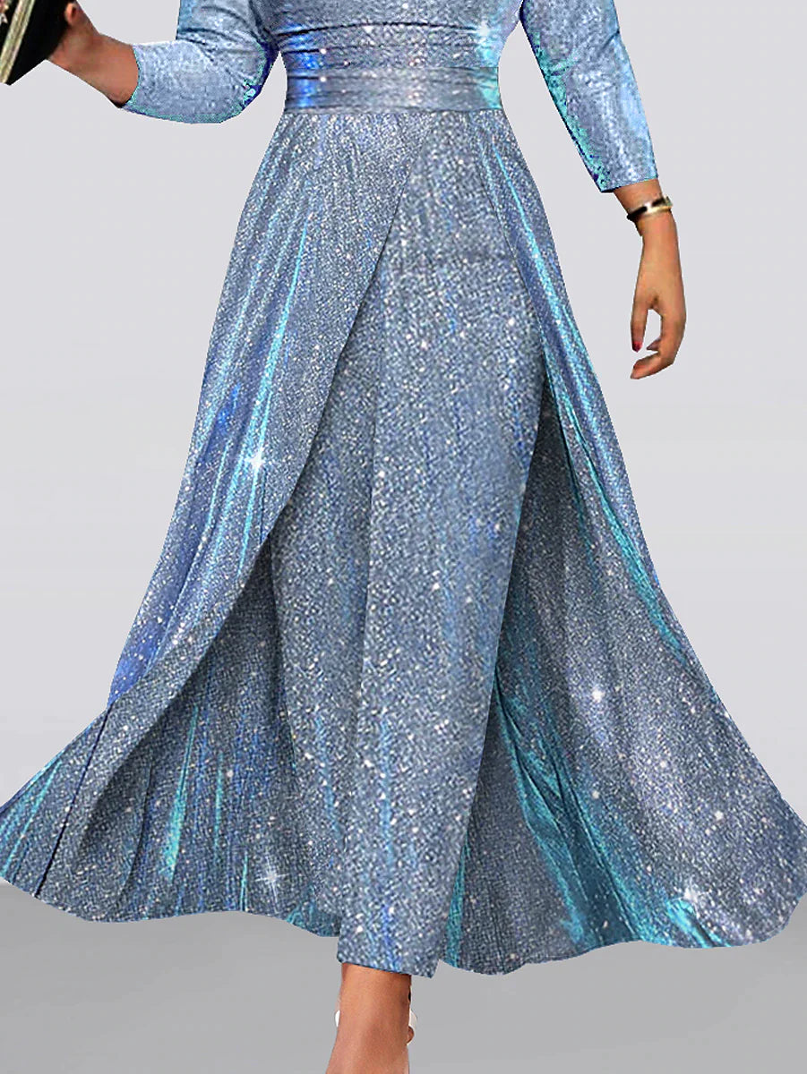 Women‘s Jumpsuit Solid Color Sparkly V Neck Elegant Wedding Party Wide Leg Regular Fit Long Sleeve Blue S M L All Seasons