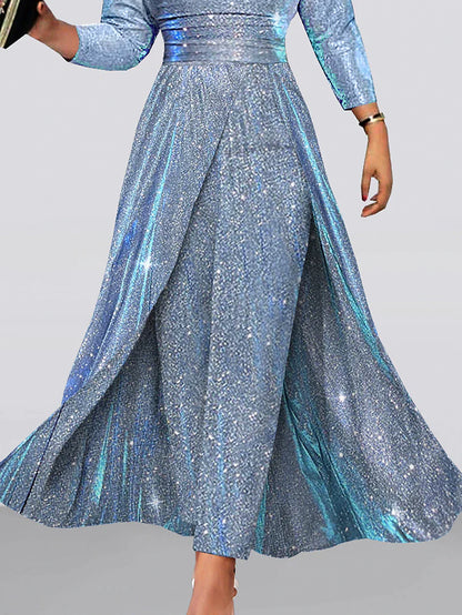 Women‘s Jumpsuit Solid Color Sparkly V Neck Elegant Wedding Party Wide Leg Regular Fit Long Sleeve Blue S M L All Seasons