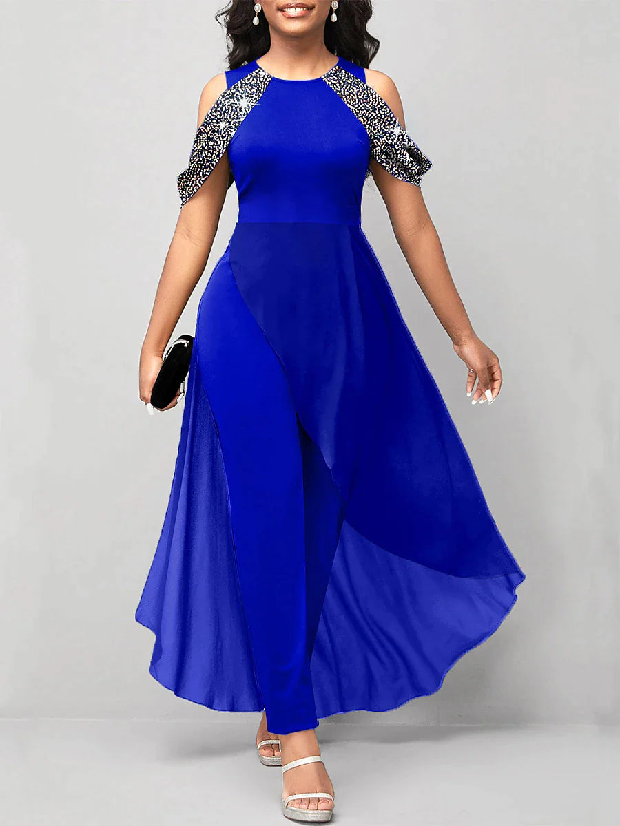 Women‘s Jumpsuit Sparkly Sequin Solid Color Crew Neck Elegant Wedding Party Bootcut Regular Fit Strap Sleeveless Royal Blue S M L Fall