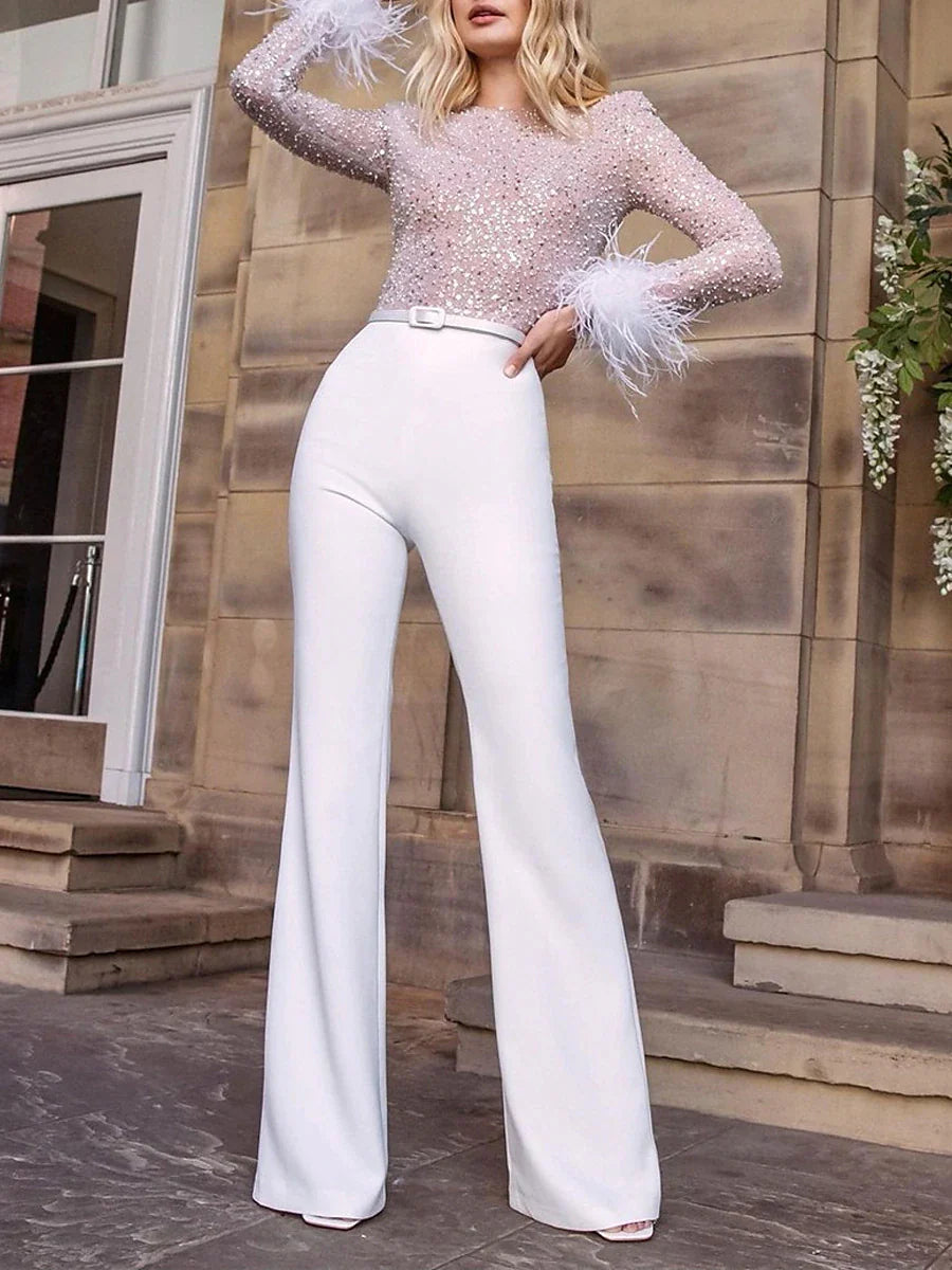 Women‘s Jumpsuit High Waist Feather Sparkly Solid Color Crew Neck Streetwear Wedding Party Regular Fit Long Sleeve White Pink Blue S M L Summer