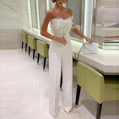 White Jumpsuit for Women Sexy Party Elegant Evening Party High Waist Solid Color Backless Office Strapless Long Romper