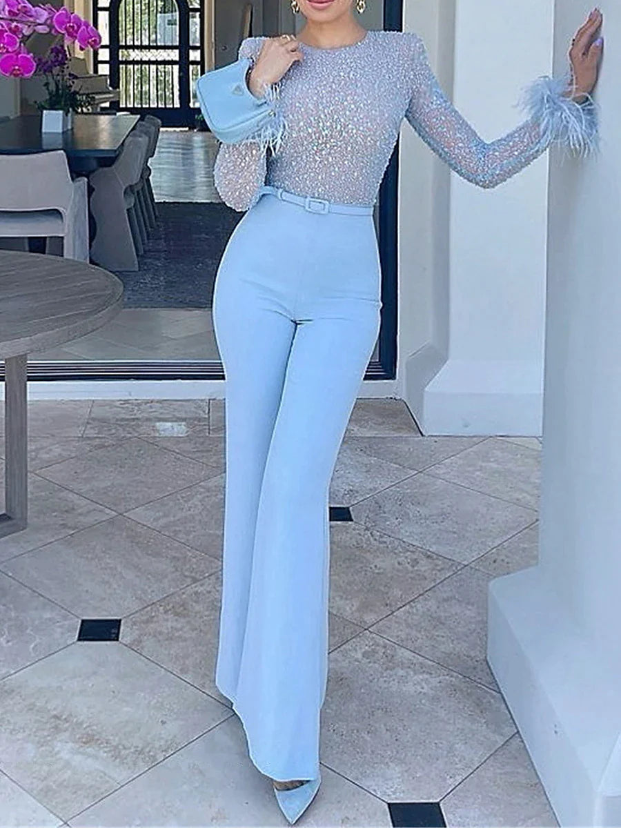 Women‘s Jumpsuit High Waist Feather Sparkly Solid Color Crew Neck Streetwear Wedding Party Regular Fit Long Sleeve White Pink Blue S M L Summer