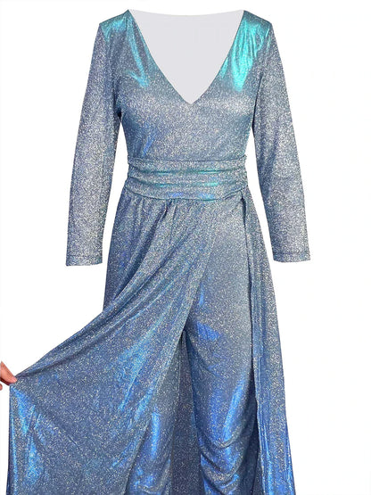 Women‘s Jumpsuit Solid Color Sparkly V Neck Elegant Wedding Party Wide Leg Regular Fit Long Sleeve Blue S M L All Seasons