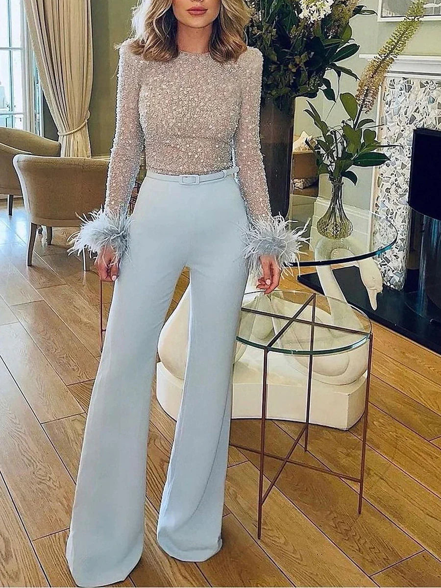 Women‘s Jumpsuit High Waist Feather Sparkly Solid Color Crew Neck Streetwear Wedding Party Regular Fit Long Sleeve White Pink Blue S M L Summer