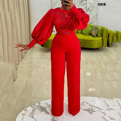 Women's Jumpsuit Flower Lace Solid Color Crew Neck Formal Birthday Party Christmas Evening Straight Regular Fit Long Sleeve Bishop Sleeve Red S M L Fall Cold Weather