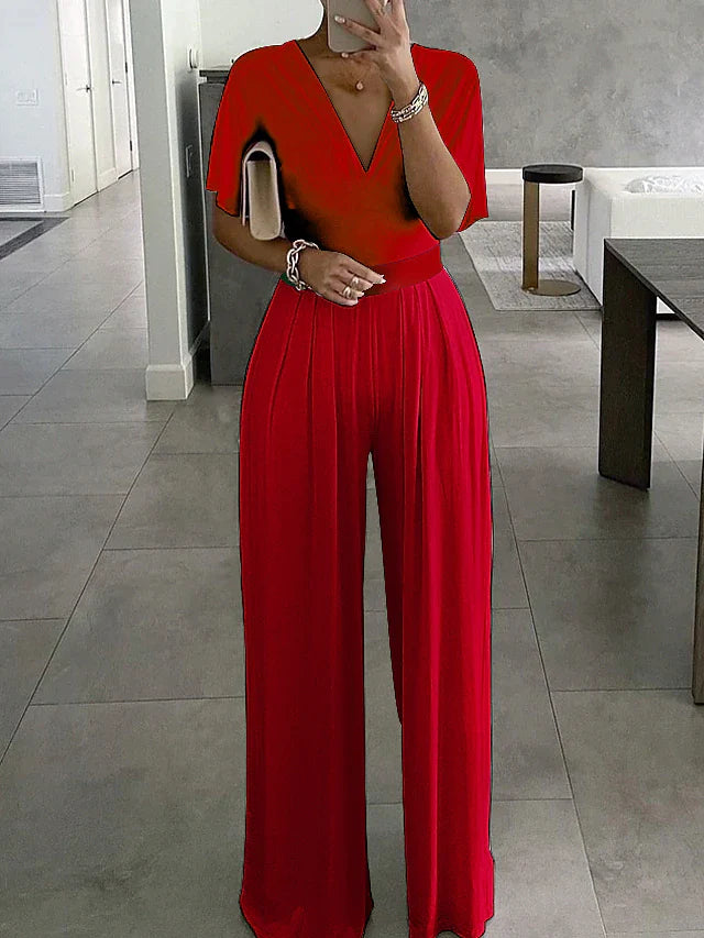 Women's Jumpsuit Solid Color V Neck Elegant Office Daily Straight Regular Fit Half Sleeve T-shirt Sleeve Black White Red S M L Summer