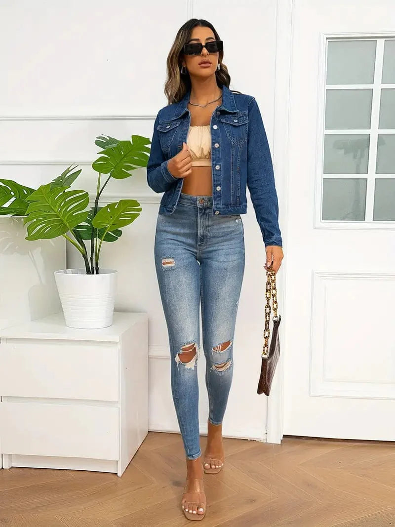 MsDressly Jackets Classic Single-Breasted Long Sleeve Causal Denim Jacket