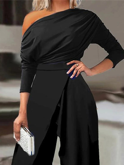 Women's Jumpsuit Split High Waist Solid Color Cold Shoulder Elegant Party Prom Regular Fit 3/4 Length Sleeve Black S M L Fall Cold Weather