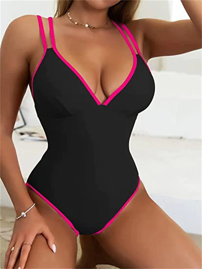 Women's Swimwear One Piece Monokini Normal Swimsuit Backless Water Sports Tummy Control string Color Block Black Blue Fuchsia Padded V Wire Bathing Suits New Vacation Holiday