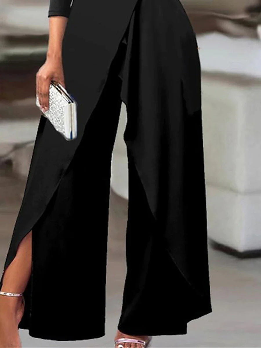 Women's Jumpsuit Split High Waist Solid Color Cold Shoulder Elegant Party Prom Regular Fit 3/4 Length Sleeve Black S M L Fall Cold Weather