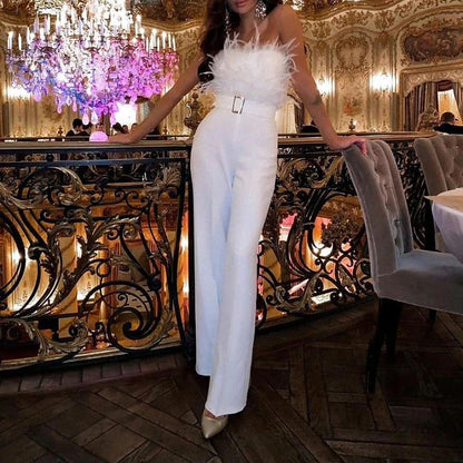 White Jumpsuit for Women Sexy Party Elegant Evening Party High Waist Solid Color Backless Office Strapless Long Romper