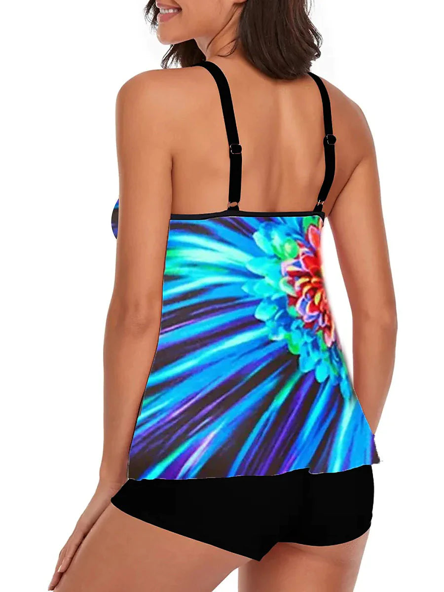 Women's Swimwear Tankini 2 Piece Normal Swimsuit 2 Piece Printing Floral Blue Purple Rainbow Bathing Suits Sports Vacation Beach Wear