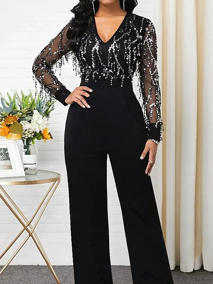 Jumpsuits for Women Summer Dressy Sequin Solid Color V Neck Formal Wedding Party Straight Regular Fit Long Sleeve Black S M L Spring Fall